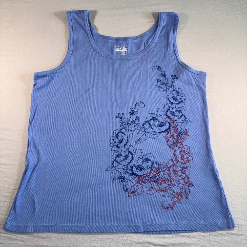 Basic Editions Womens XXL Blue Ribbed Floral Glitter Graphic Tank Top Scoop Neck